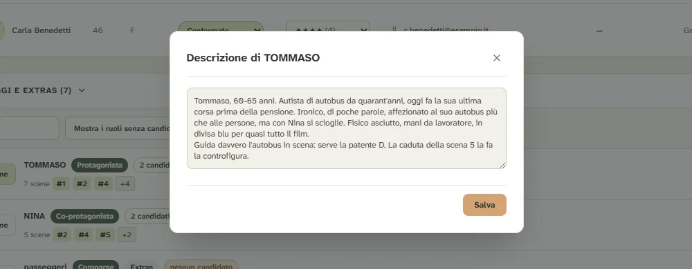 La finestra Descrizione di TOMMASO nel casting di Riprea: età, mestiere, carattere, aspetto e le esigenze del ruolo, con la patente D e la controfigura per la caduta.