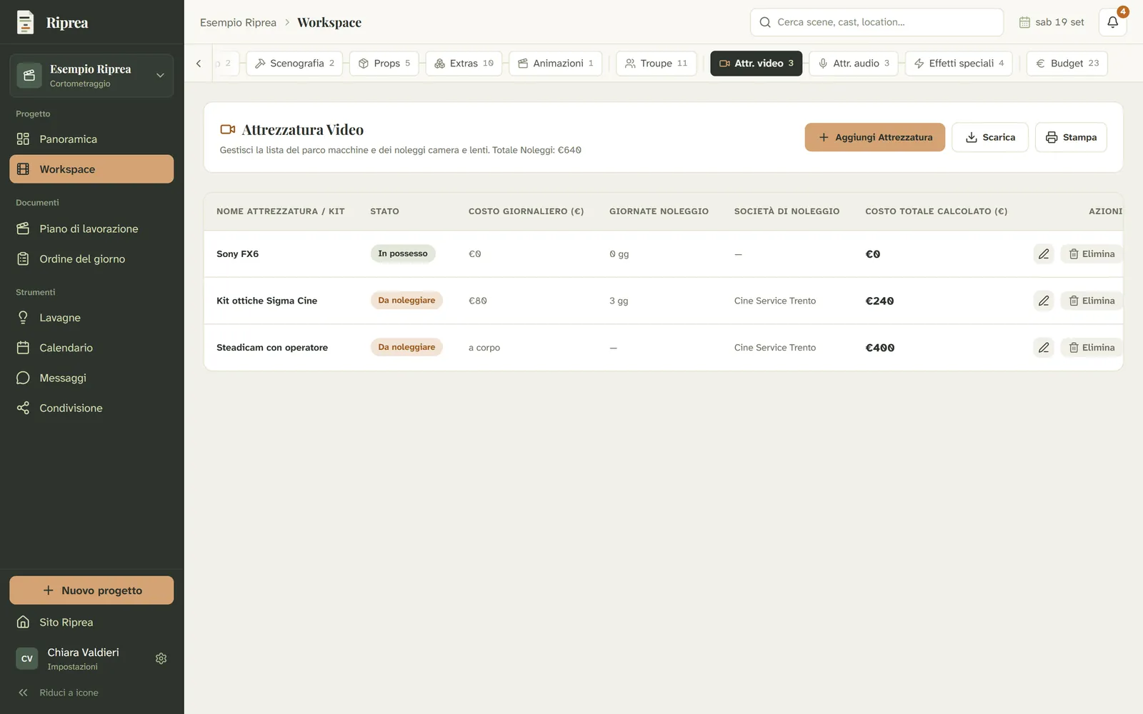 Il modulo Attrezzatura video di Riprea con stato, costo giornaliero, giornate di noleggio, società e costo totale calcolato.